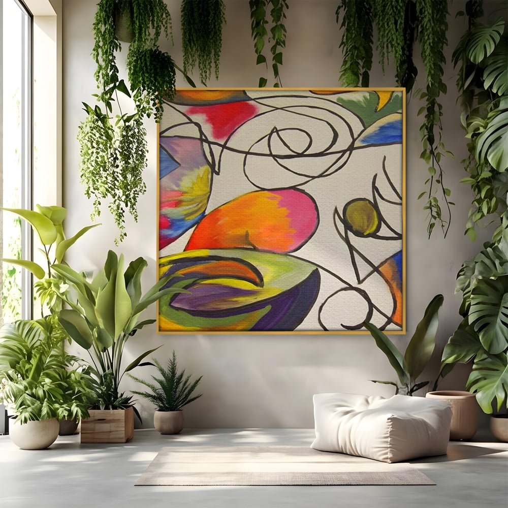 Tablou canvas cu pictura abstracta cu forme colorate si linii negre, in rama de aluminiu auriu